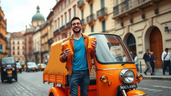 Man holding products made from oranges by orange vehicle on urban street.