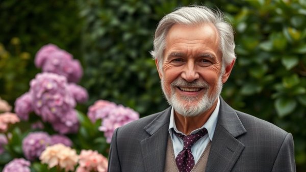 Smiling older man in front of hydrangeas highlighting prostate cancer awareness.