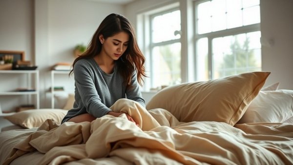 Young woman arranging blankets on a cozy bed for potato bed sleep trend in a bright room.