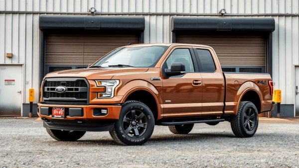 Sturdy brown pickup truck parked in an industrial area.