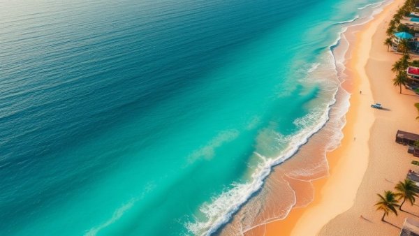 Scenic aerial view of Cancun beach, palm-lined coast, turquoise waters.