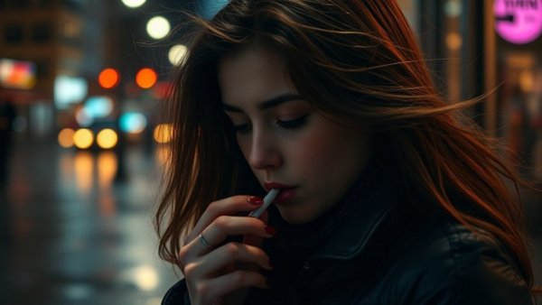 Gen Z influenced by smoking in pop culture, young woman lighting cigarette.