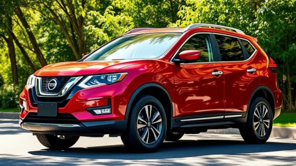 Red Nissan Rogue Plug-In Hybrid parked on a sunny street.