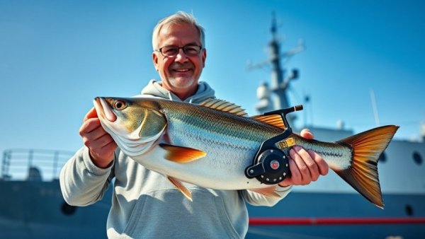 Fishing in Louisiana near a naval ship, person holding a fish.