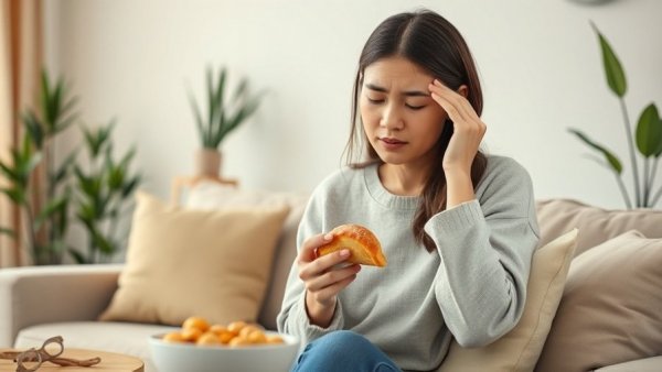 Woman experiencing discomfort holding pastry, related to gut microbiome and food allergy prevention.