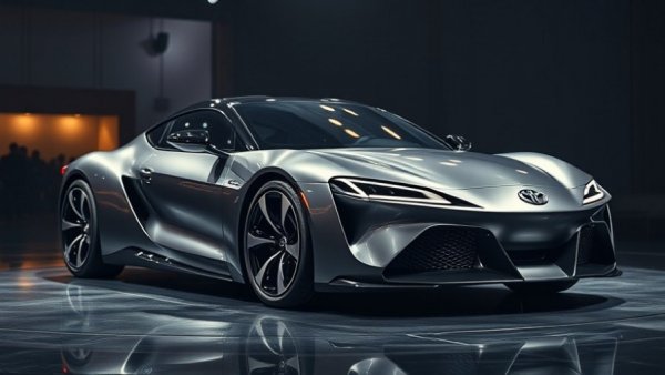 Futuristic Toyota car with sleek design on stage reflecting Toyota car life cycle.