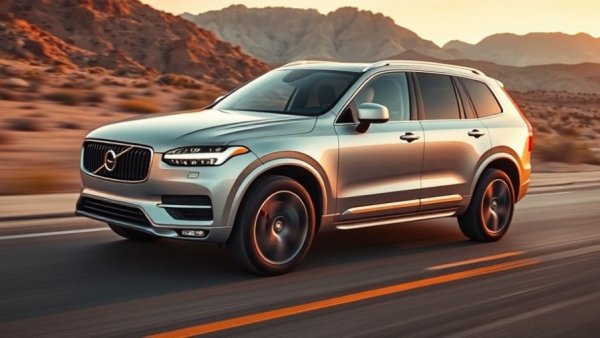 Volvo SUV driving at sunset in desert, sleek design, photorealistic.