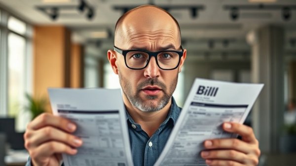 Concerned man holding an energy bill, discussing AI impact on electricity bills.