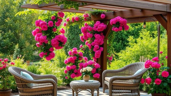 Sustainable gardening: charming garden with wicker furniture and roses.