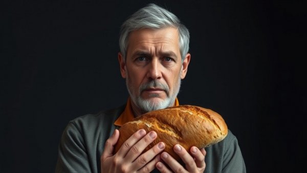 Concerned man holding bread, related to the most dangerous food for gut health.