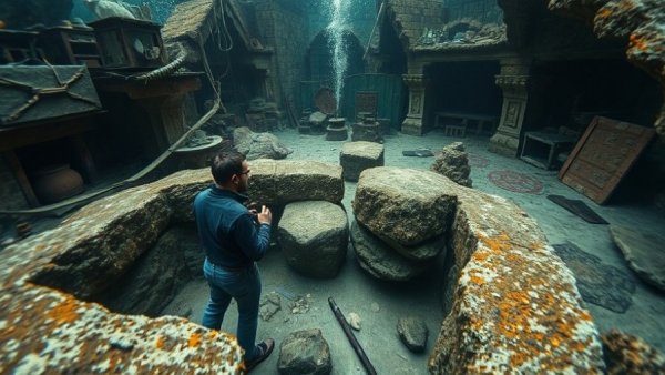 Underwater ruins and man discussing evidence of Plato's lost Atlantis.
