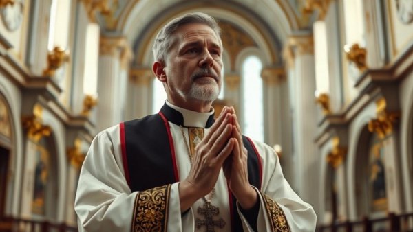 Priest praying in church during Archdiocese of New Orleans transition.