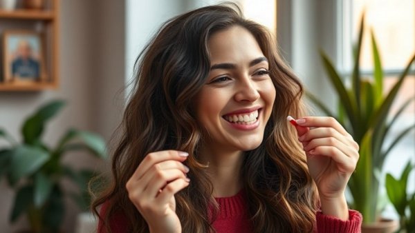 Smiling woman holding a red pill and glass, promoting saffron for depression and sexual health.