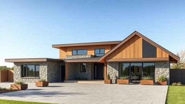 Modern eco-friendly house with stone and wood, sustainable living.
