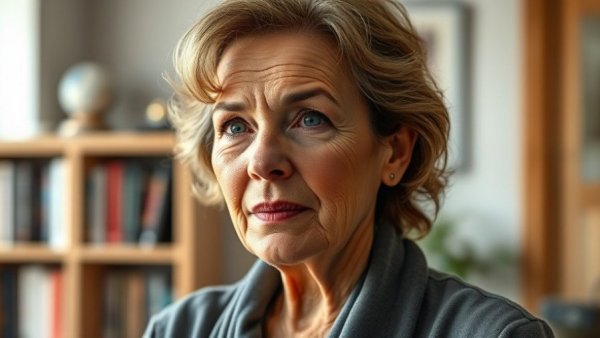 Mature woman discussing the sober curious lifestyle indoors.