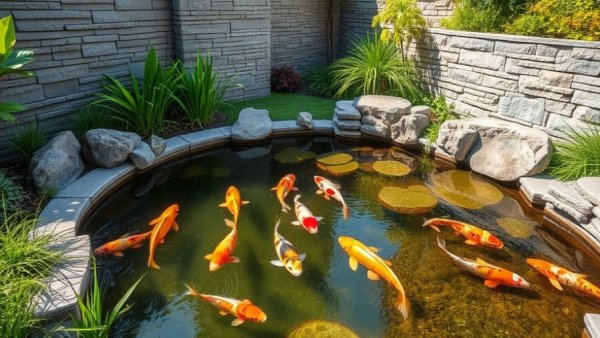 Modern backyard koi pond design with koi and stone walls.