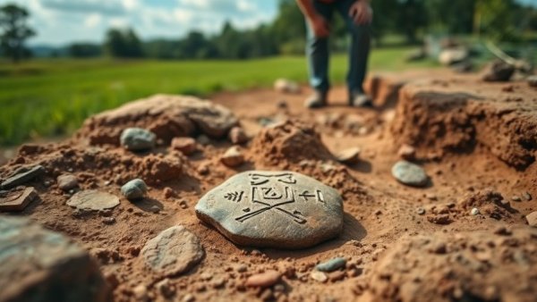 Archaeological discovery of ancient engraved gemstone at dig site.