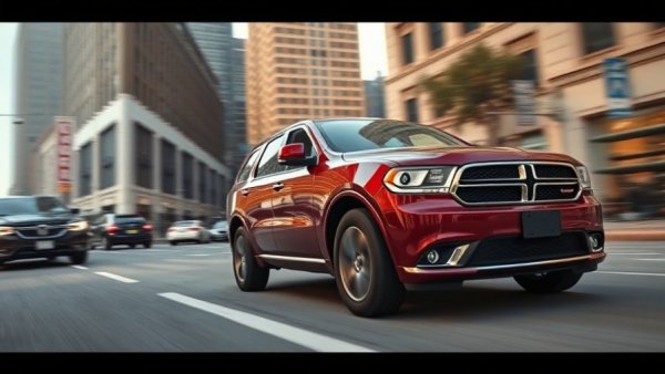 Dodge Durango V6 speeding through urban street scene.