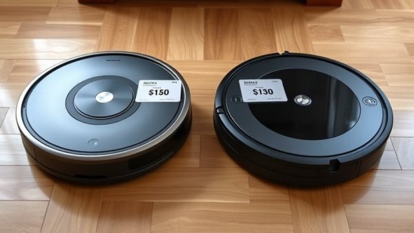 Expensive Roborock compared to a less expensive model on wooden floor.