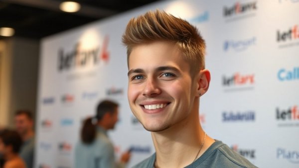 Young man smiling at an event, photorealistic.