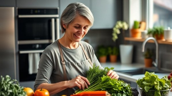Mature woman in kitchen preparing greens, relating to starving cancer.