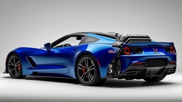 Sleek blue sports car with 10,000-RPM V8 engine on display.