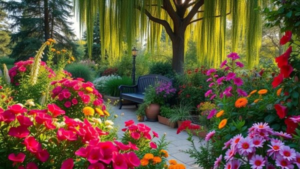Rustic garden beauty with vibrant flowers and serene seating.