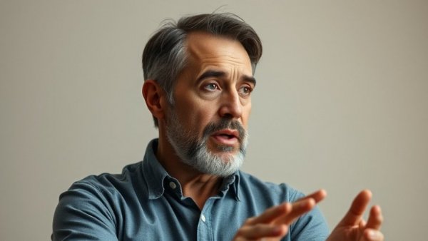 Middle-aged man speaking on vitamin D deficiency, neutral background.