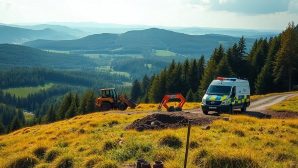Metal detecting adventure in Czech Republic with excavator and police car on scenic hillside uncovering relics.