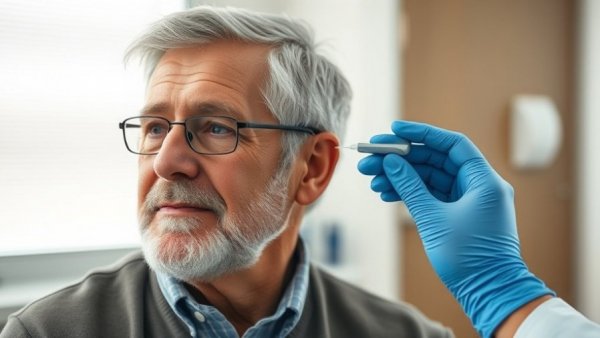 Middle-aged man fitted with hearing aid, Viagra hearing loss treatment context.