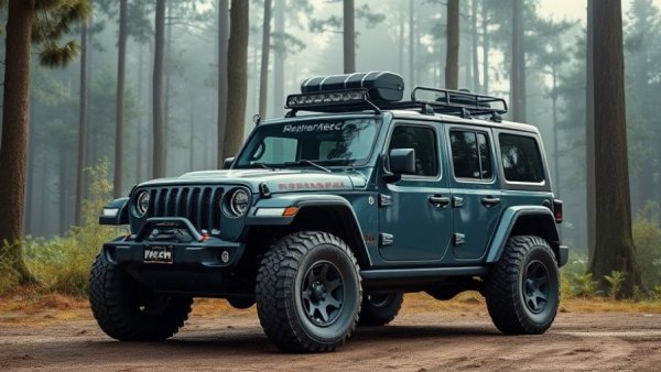Jeep Recon electric off-roader in misty forest setting.