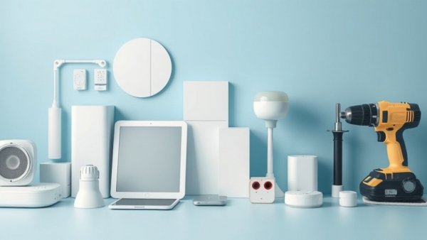 Smart home devices arranged on blue surface with 'SMART HOME' in red, showcasing eco-conscious tech.