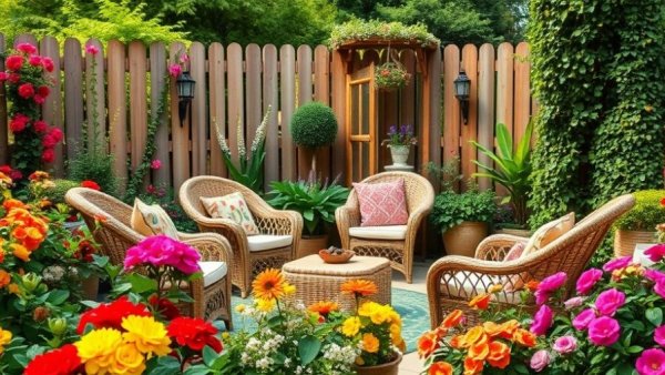 Sustainable garden designs with wicker furniture and colorful flowers.
