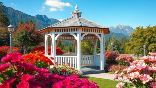 Enchanting garden with gazebo and flowers in a lush landscape.