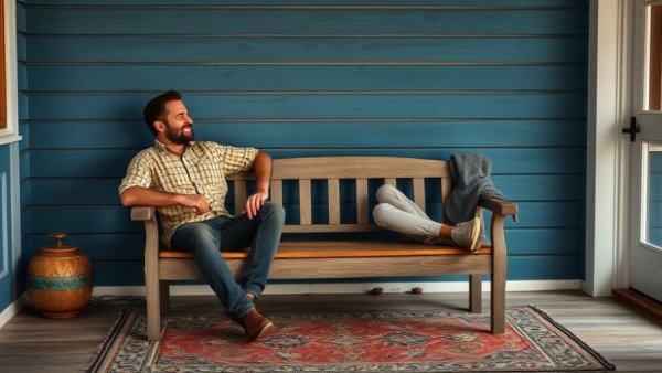 Men in a relaxed conversation on a farmhouse porch - sustainable renovation.