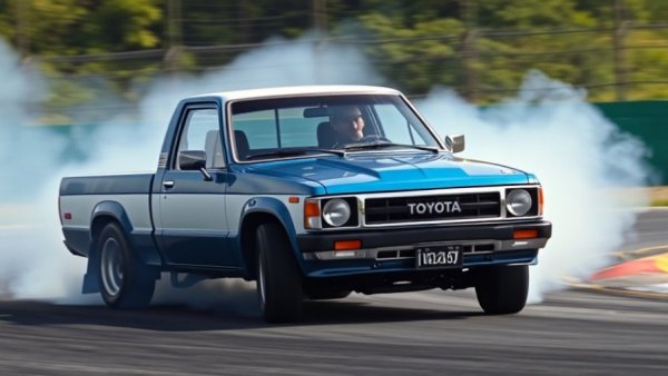 Turbocharged Toyota Hilux drifting on a racetrack, emitting smoke.
