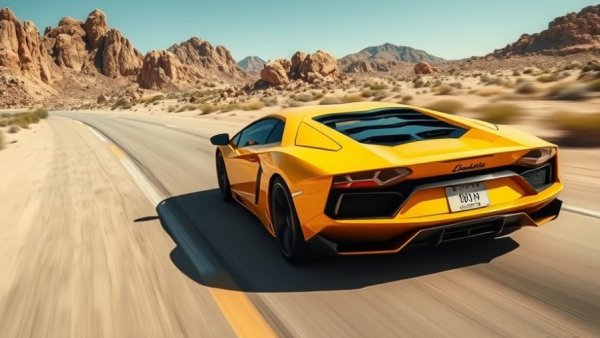 Lamborghini future off-road supercars on desert road, yellow vehicle speeding.
