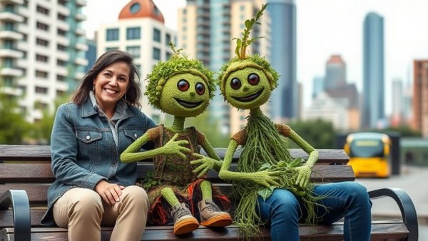 Hope in Sustainability: people and plant sculptures in city.