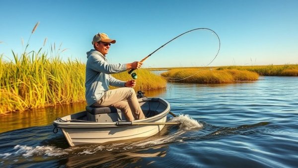 Louisiana fishing experiences: angler netting fish in marshland.