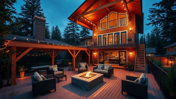 Luxurious multi-level deck designs with modern furniture and lighting.