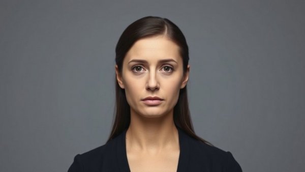 Serious woman facing forward in neutral lighting with grey background.