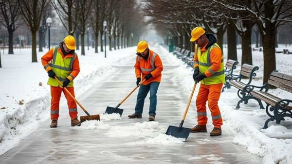 Workers shoveling snow on icy path, winter weather terms for seniors
