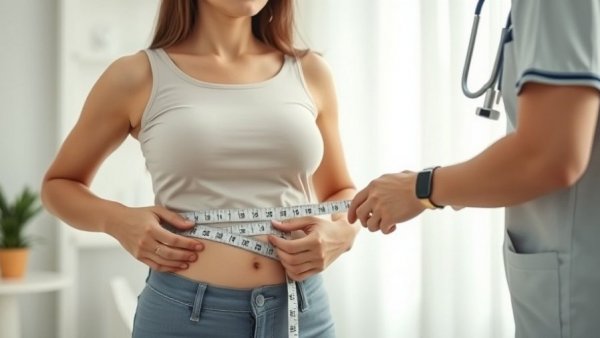 Woman's waist measurement in health clinic, weight loss shot effectiveness.