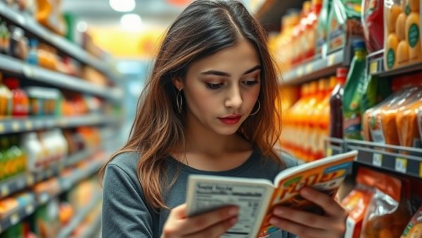 Young woman checking food labels for adult-onset food allergies in store.
