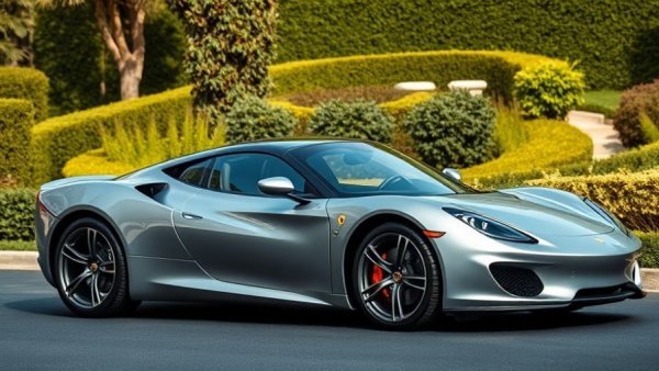 Sleek silver Gordon Murray S1 LM in a tranquil garden setting.