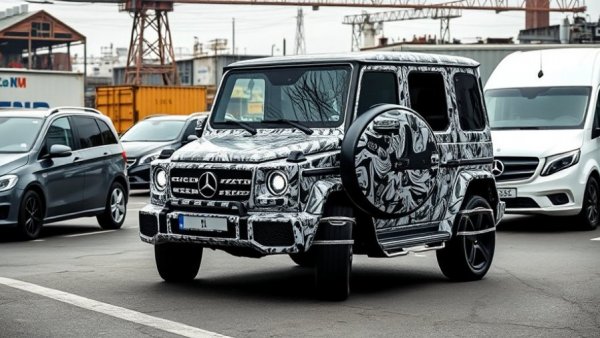 Camouflaged Mercedes-Benz Baby G-Class prototype in industrial setting.