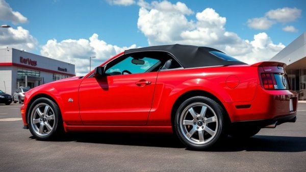 Sleek red 2009 Ford Mustang GT convertible at dealership with sign.