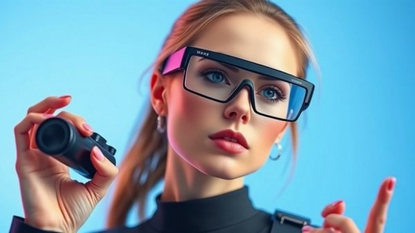 Futuristic woman with smart glasses showcasing new tech gadgets 2026.