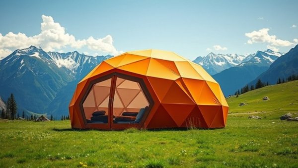 Innovative geodesic tent in mountain landscape - camping gadgets and inventions.