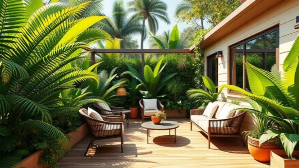 Raised patio design ideas with tropical ferns and modern furniture.